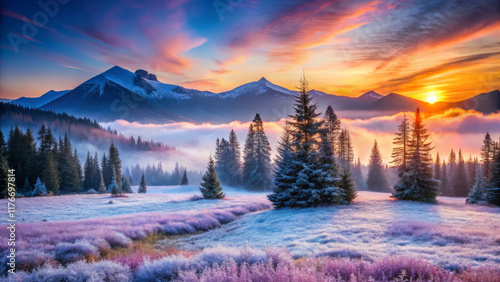 serene mountain meadow with vibrant hues at sunrise, surrounded by mist