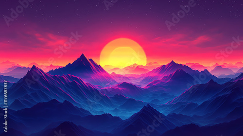 Vibrant sunset over majestic mountain range.