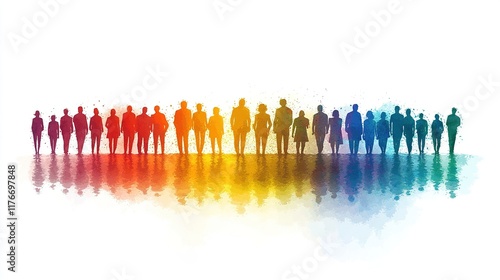 Silhouettes of diverse individuals standing together with colorful gradients and reflections.