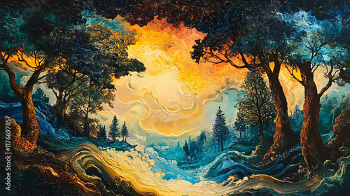 Vibrant sunset in a mystical forest landscape.