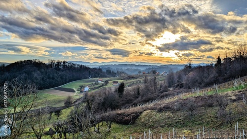 Beautiful winter sunset landscape scenery, countryside at Klenice, county Hrvatsko zagorje, Croatia, nature background photo