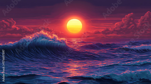 Vibrant sunset over ocean waves with dramatic clouds.