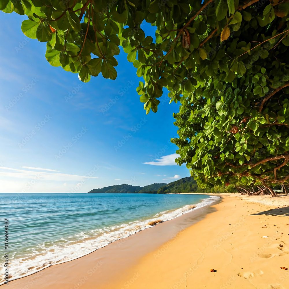 The image portrays a tranquil tropical beach setting, ideal for evoking a sense of relaxation and natural beauty. The image portrays a tranquil tropical beach setting, ideal for evoking a sense of relaxation and natural beauty.