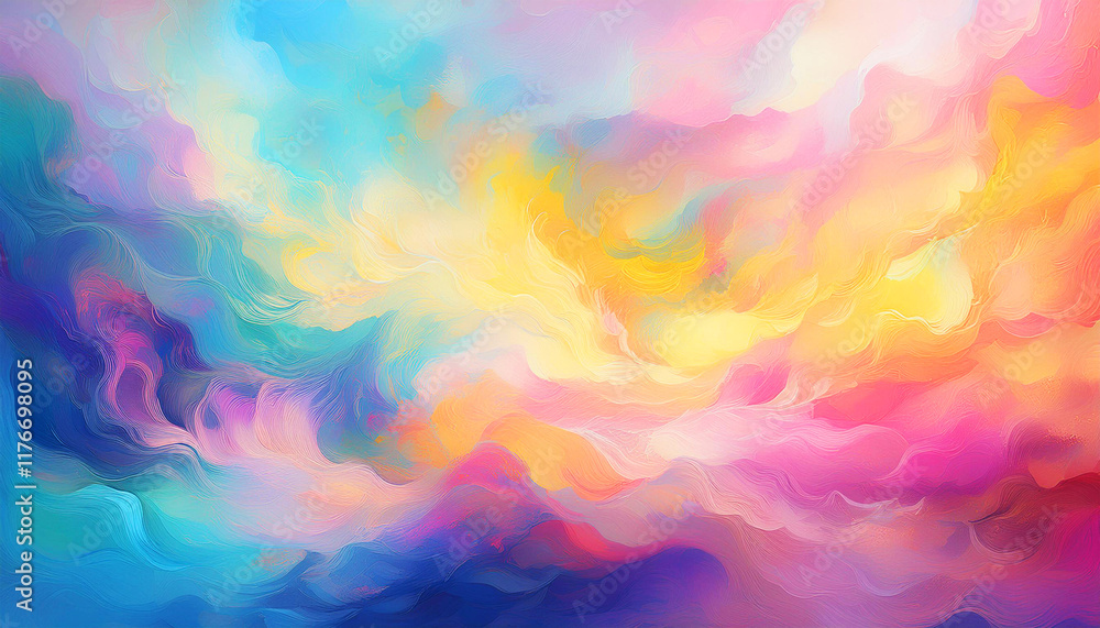 Obraz premium abstract artwork showcasing soft pastel hues that blend seamlessly to create a dreamy, ethereal atmosphere. The textured brushstrokes of pink, yellow, blue, and purple form a fluid, modern decor
