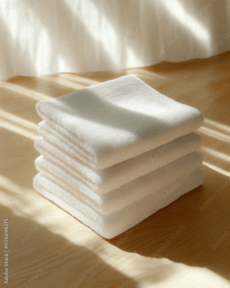 Stack of clean white towels on a wooden surface with soft sunlight filtering through curtains. Stack of clean white towels on a wooden surface with soft sunlight filtering through curtains.