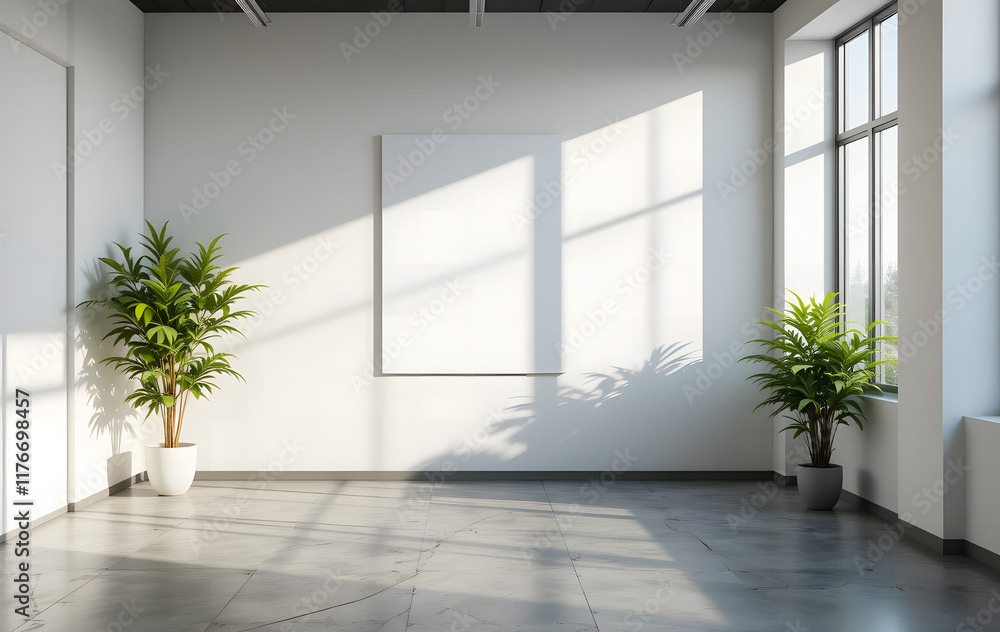 Obraz premium A 3D rendering of a stylish sunlit office with a blank white backlit wall and a green plant on a concrete floor, providing a perfect place for advertising poster placement