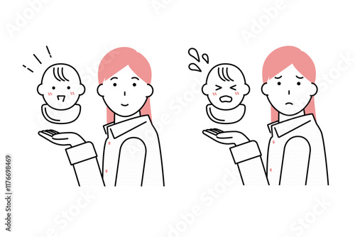若い母親と赤ちゃんの顔のバリエーションイラスト―子育て支援イメージ