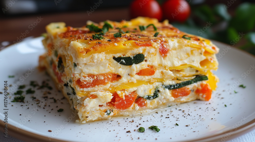 Delicious vegetable lasagna with cheese layers and fresh herbs on white plate Delicious vegetable lasagna with cheese layers and fresh herbs on white plate