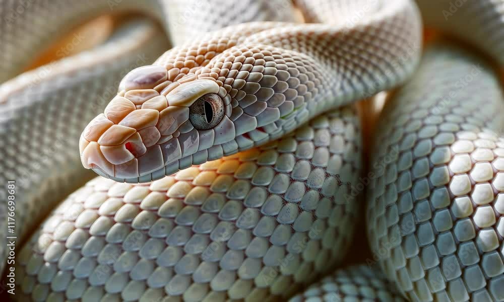 Albino snake coiled, close-up photo, white scales visible Albino snake coiled, close-up photo, white scales visible