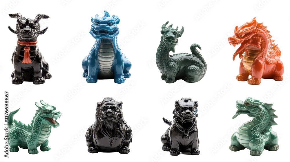 Naklejka premium Colorful dragon figurines of various styles. transparent background