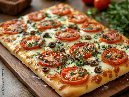 Food photography: rectangular pizza in a cafe during summer vacation