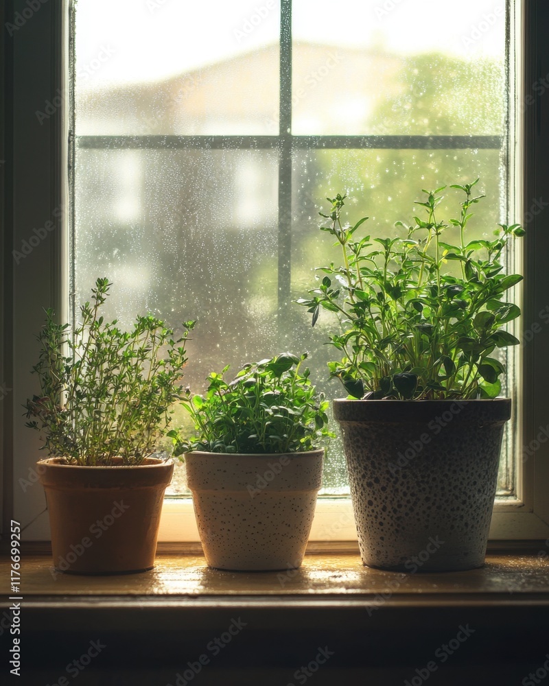 Three pots of vibrant herbs by a rain-speckled window, creating a calming and fresh atmosphere. Three pots of vibrant herbs by a rain-speckled window, creating a calming and fresh atmosphere.