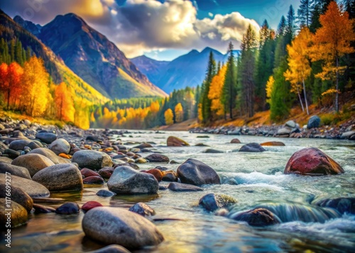 Blurry river, Siberian Ural rocks, bokeh effect enhances the vast landscape's serenity.