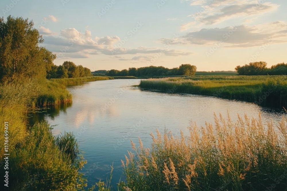 Breathtaking Scenic View of a River Flowing Through a Serene Rural Landscape Breathtaking Scenic View of a River Flowing Through a Serene Rural Landscape
