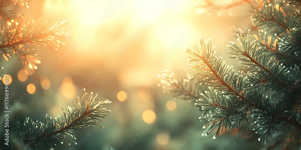 Dreamy blurred light clusters softly illuminating green pine branches providing a tranquil and festive atmosphere style book illustration