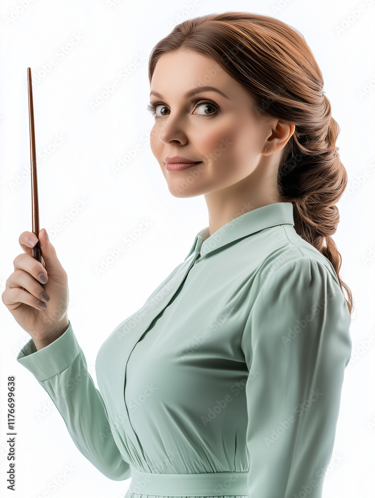 Woman in a mint green dress holding a wand while smiling confidently against a white background Woman in a mint green dress holding a wand while smiling confidently against a white background