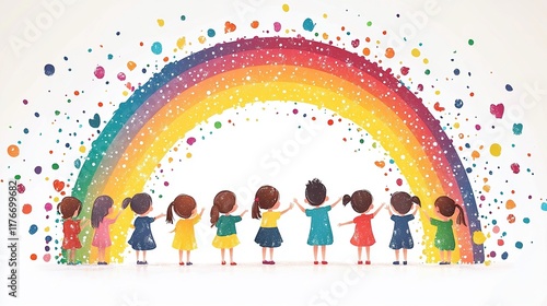 A colorful illustration of children standing under a rainbow, celebrating diversity and joy.