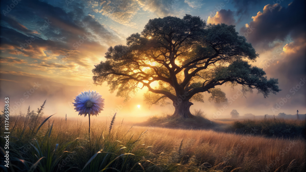Majestic ancient oak tree with gnarled branches at sunrise Majestic ancient oak tree with gnarled branches at sunrise