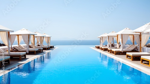umbrella with bed pool around swimming pool , holiday and vacation concept
