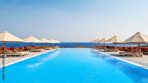 umbrella with bed pool around swimming pool , holiday and vacation concept