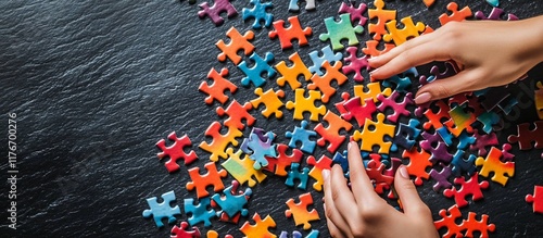 Colorful Puzzle Pieces Being Assembled on a Dark Surface