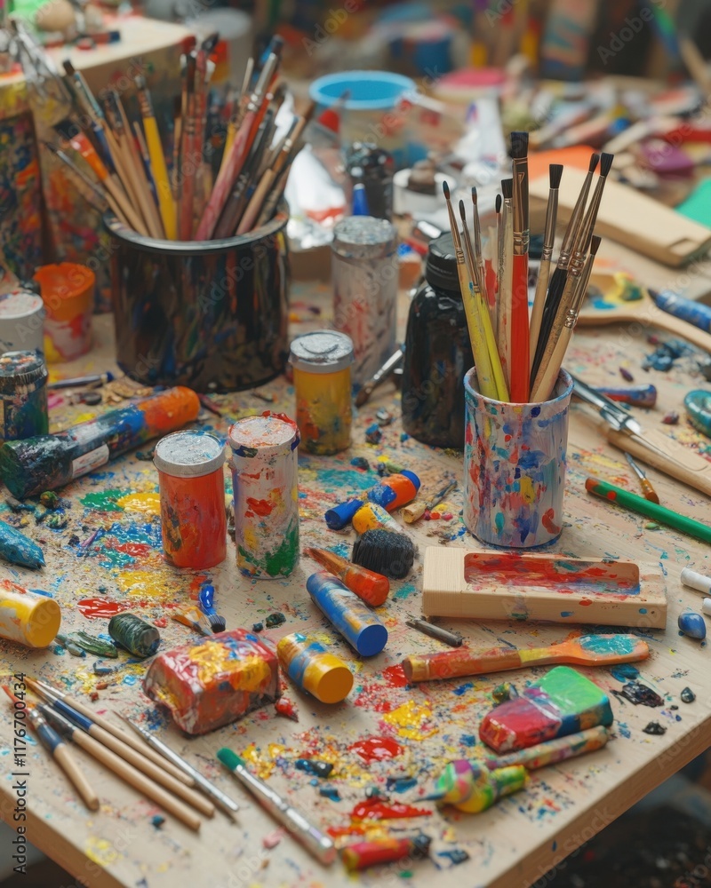 Fototapeta premium A vibrant artist's workspace cluttered with colorful paints and brushes in various containers.
