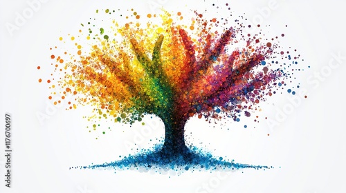 A vibrant, abstract tree symbolizing growth and creativity through colorful dots.