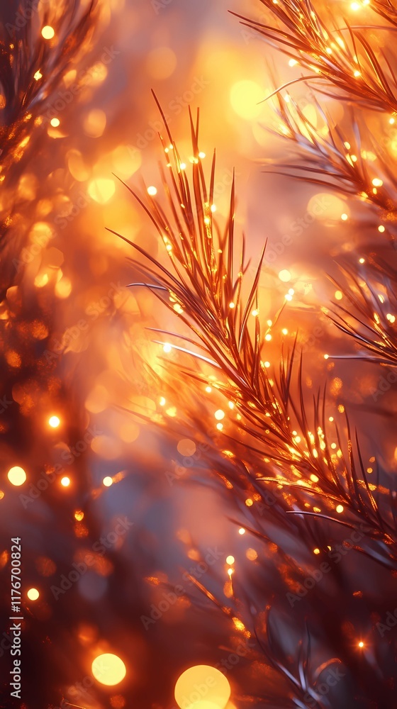 Fototapeta premium Blurred glowing bokeh lights in soft golden tones peeking through pine branches creating a minimalist seasonal design style comic book style