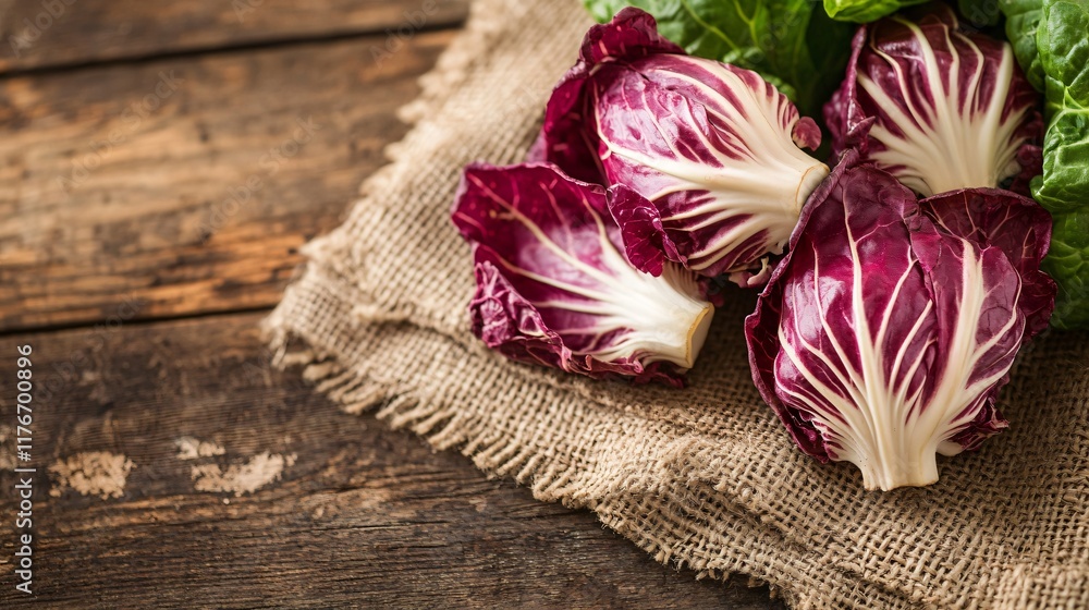A bunch of radicchio resting on a burlap cloth, isolated on a rustic wooden table with earthy tones A bunch of radicchio resting on a burlap cloth, isolated on a rustic wooden table with earthy tones