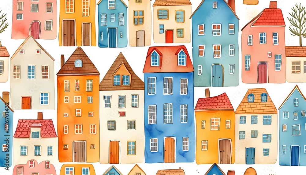 Charming illustration of quaint, colorful houses in a lively neighborhood setting Charming illustration of quaint, colorful houses in a lively neighborhood setting