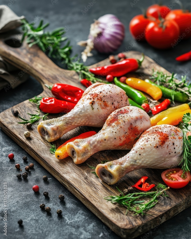 Raw chicken drumsticks garnished with herbs and spices on a wooden cutting board with colorful vegetables. Raw chicken drumsticks garnished with herbs and spices on a wooden cutting board with colorful vegetables.