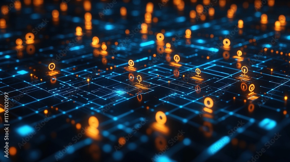 Obraz premium A digital network of glowing nodes and connections, representing data flow and technology.