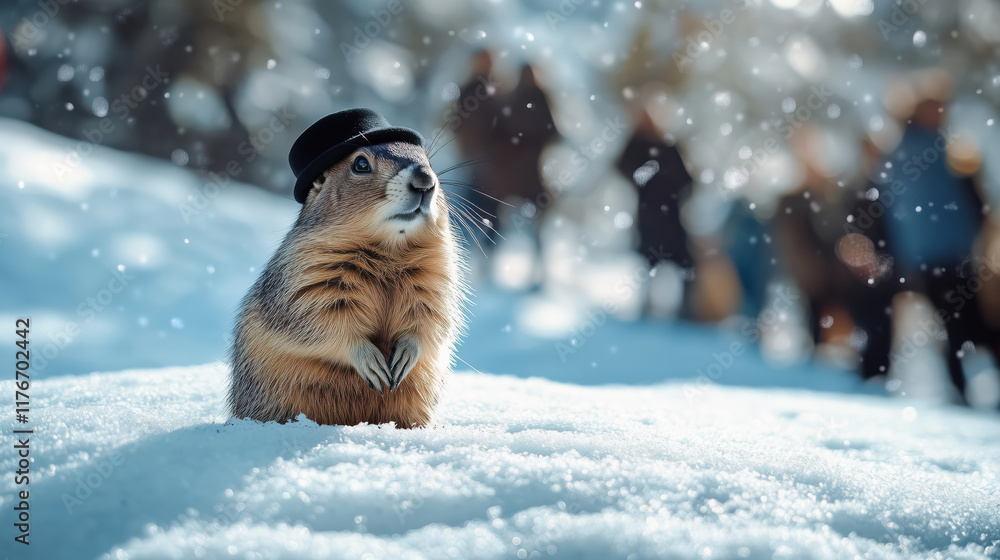 Punxsutawney Phil the famous groundhog in black hat, in snow on Groundhog Day, February 2 Punxsutawney Phil the famous groundhog in black hat, in snow on Groundhog Day, February 2