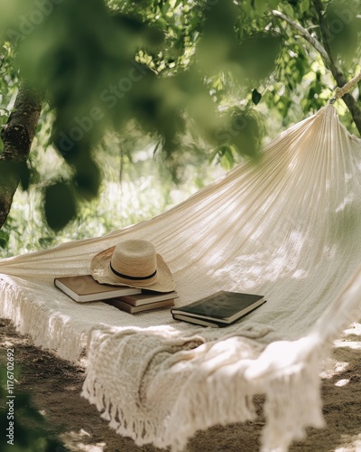 A serene hammock scene with books and a straw hat, surrounded by lush greenery, perfect for relaxation. photo