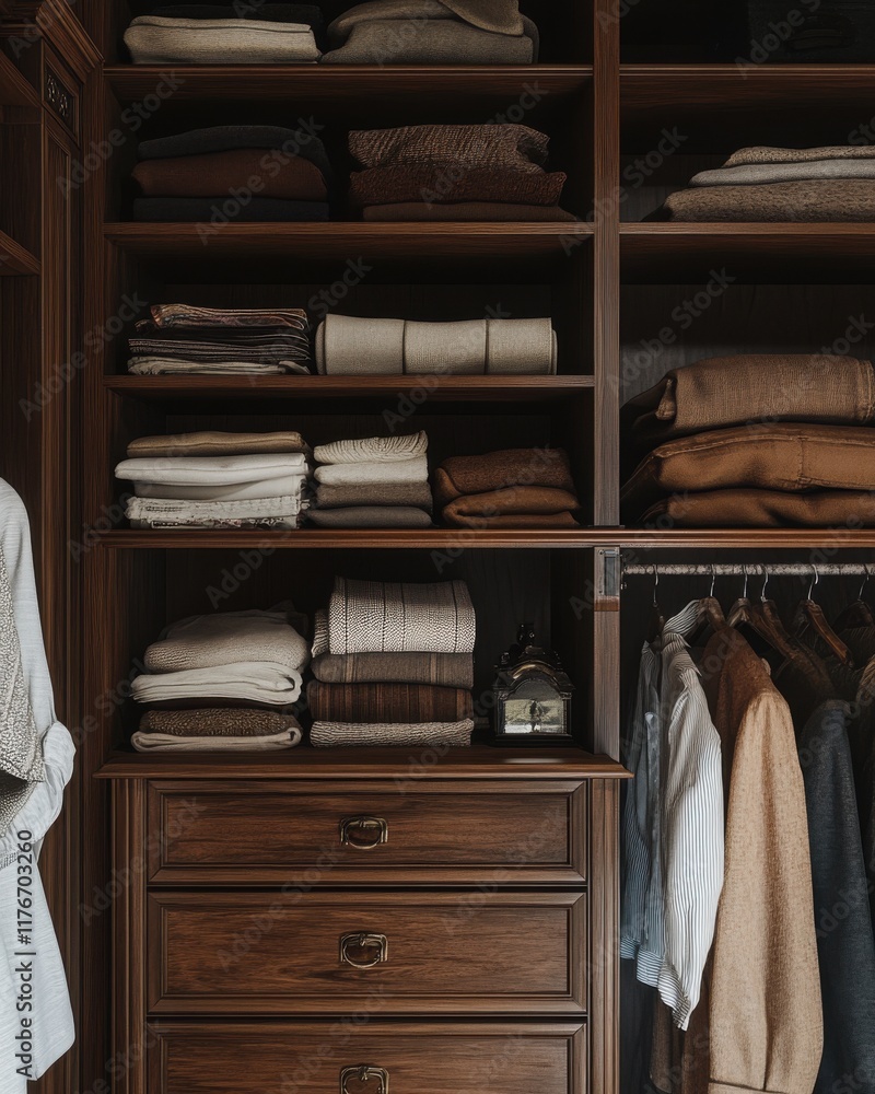 Organized wooden closet with neatly folded sweaters and shirts in warm tones. Organized wooden closet with neatly folded sweaters and shirts in warm tones.