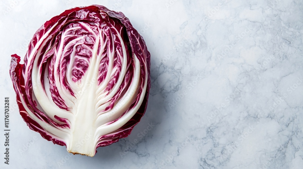 Fototapeta premium A top-down view of a sliced radicchio, isolated on a soft grey marble background with soft edges