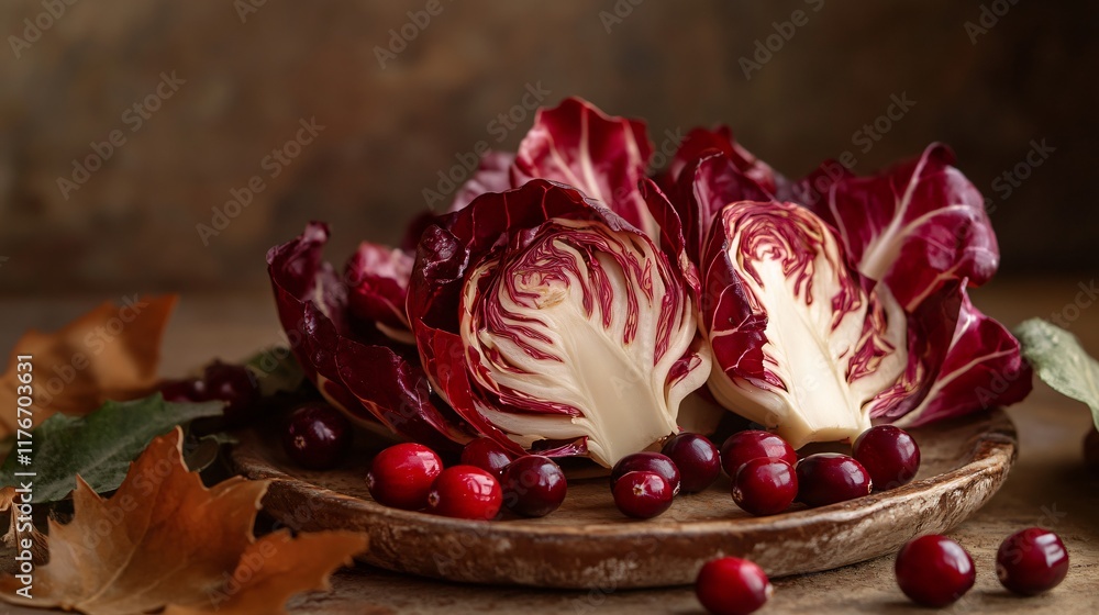 Autumn-themed radicchio with roasted chestnuts and cranberries, isolated on a warm earthy brown backdrop Autumn-themed radicchio with roasted chestnuts and cranberries, isolated on a warm earthy brown backdrop