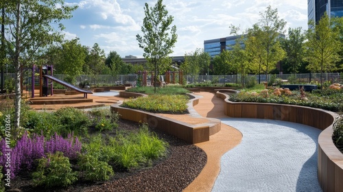Wallpaper Mural Landscaped playground with winding paths, wooden borders, and play structures. Torontodigital.ca
