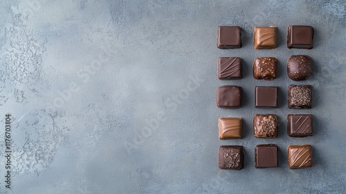 Chocolate pralines assortment with ample room for text photo