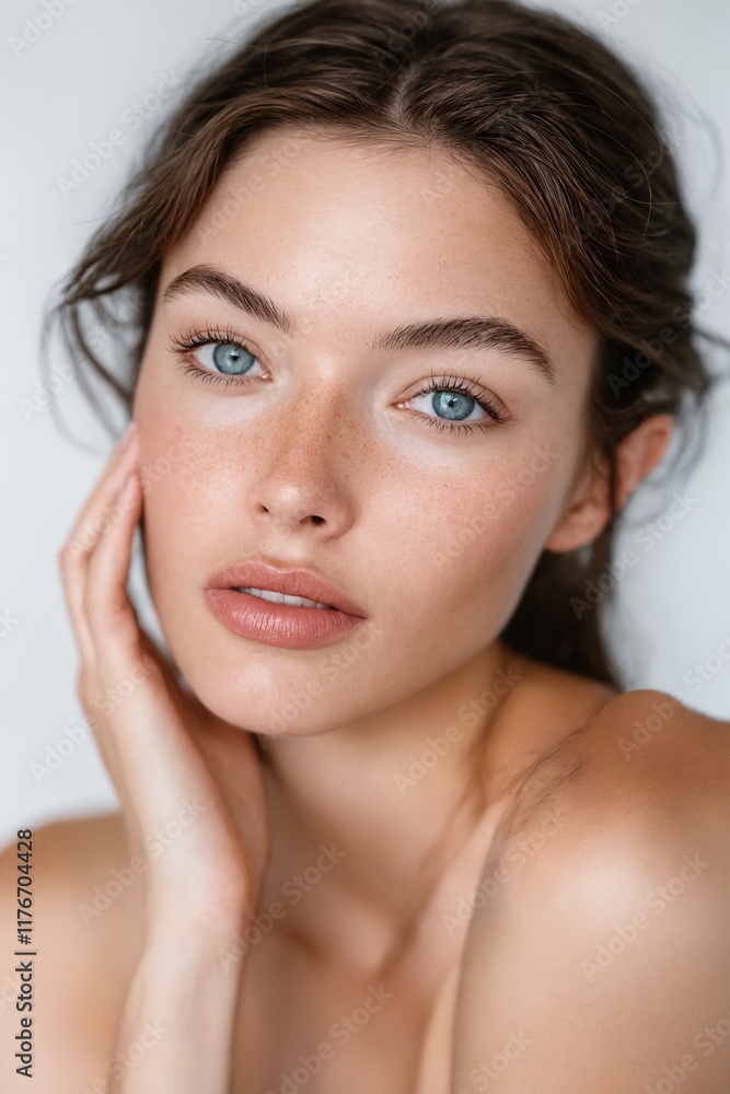 Natural beauty portrait of young woman with blue eyes and freckles Natural beauty portrait of young woman with blue eyes and freckles