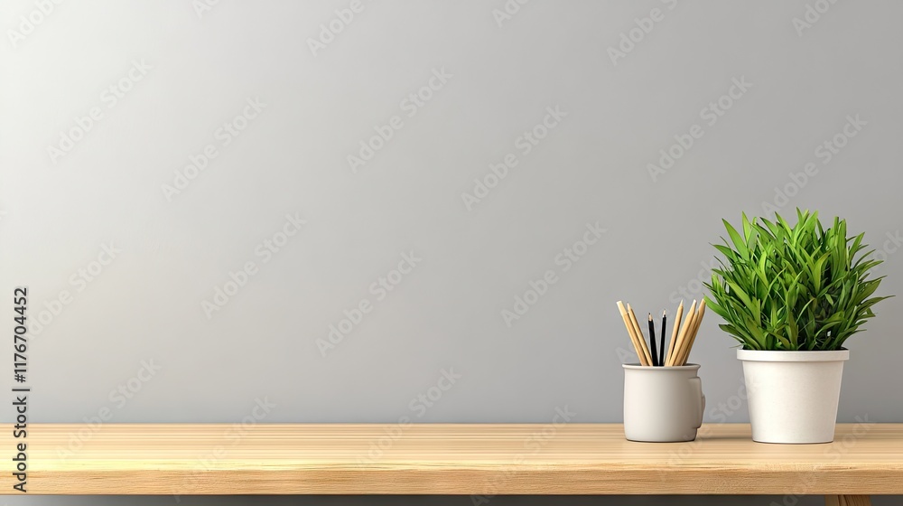 A Zoom background featuring a contemporary desk, light gray backdrop, and small potted plant A Zoom background featuring a contemporary desk, light gray backdrop, and small potted plant