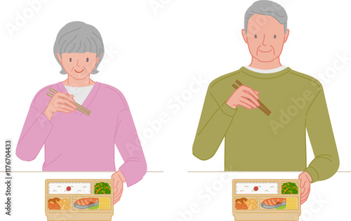お弁当を食べる笑顔のシニア夫婦セット
