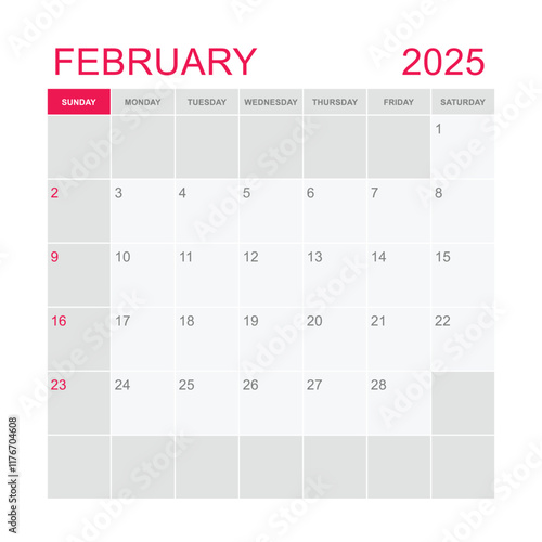 Classic monthly calendar for 2025. week starts on sunday. simple february 2025 calendar template. monthly planner design in box