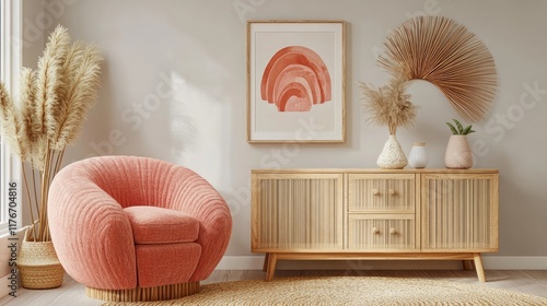 A Zoom background featuring decorative furniture, a light gray wall, and abstract art