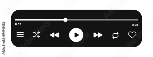 Music player UI: Audio media player widget with buttons, song duration bar, and sleek design. Vector illustration.