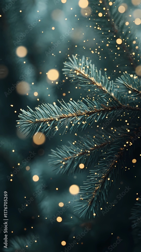 Abstract blurred glowing light clusters within green pine branches creating a warm and festive seasonal atmosphere style book illustration Abstract blurred glowing light clusters within green pine branches creating a warm and festive seasonal atmosphere style book illustration