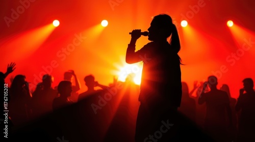 Silhouette of a singer performing on stage with a vibrant red and orange background and a cheering crowd. photo