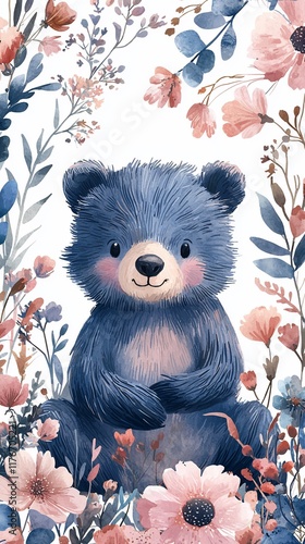 Cute blue teddy bear sitting amidst delicate blush pink and purple flowers.