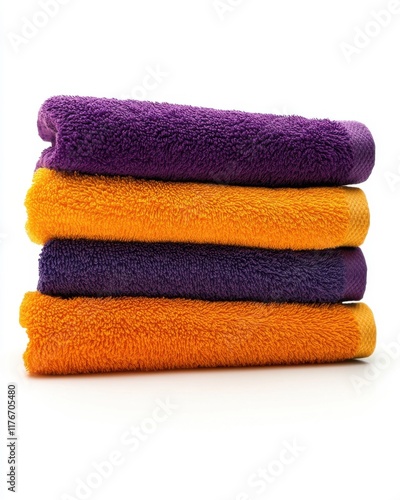 A stack of colorful towels in vibrant purple and orange shades, perfect for a refreshing bath experience.