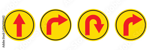 Go Straight, U turn, Right and Left, This Way, One Way, Only U Turn Red Arrow Sign Direction Icon Set. Vector Image.